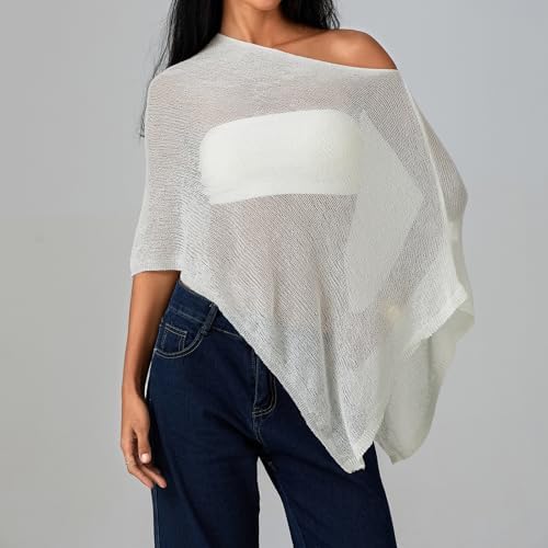 Women Sheer Knit Poncho Top Beach Cover Up Lightweight Crochet Shrug Y2k Summer See Through Shawl