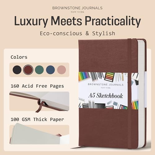 BROWNSTONE JOURNALS A5 Sketch Book Hardcover - 80 Sheets 100 GSM Paper | 5" x 8", Lay Flat, Vegan Leather Cover, Elastic Band, Back Pocket, Compact Art Drawing Book for Adults & Students