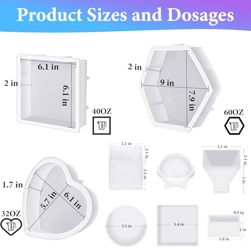 KISREL Large Resin Molds, 3 PCS Silicone Molds Kit for Resin Including Large Hexagonal and Square Heart Resin Mold, Epoxy Resin Molds for Flower Preservation Kit
