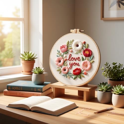 JJFox Embroidery Kit for Beginners and Adults, DIY Hand Embroidery Starter Kit with Cute Pattern, Cross Stitch Needlepoint Set with Hoop, Threads and Instructions (Love You)