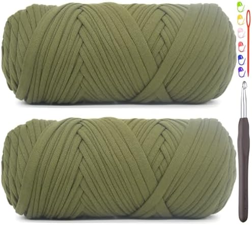 2 Pack Tshirt Yarn for Crocheting,Green T Shirt Chunky Elastic Fabric Thick T-Shirt Crochet Yarn for Beginners Crocheting Hand Knitting Bag/Basket/Coasters/DIY Crafts/Home Decor 2 * 200G(Army Green