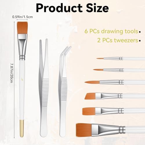 6 Pcs Cake Painting Brushes Set with 2 Pcs Straight and Curved Tweezers Food Decorating Brush for Dusting Edible Glitter and Color for Pastry, Cookie, Cakes Decoration