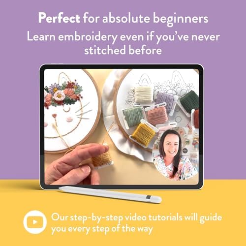 Clever Poppy Flora the Cat Beginner Embroidery Kit – Easy Embroidery Kit for Beginners with Hoop, Thread & Patterns – Hand Embroidery Kit for Adults and Teens – Complete Embroidery Starter Kit