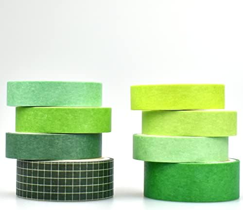 8 Rolls Washi Tape Set Basic Solid Color Green Plaid Grid Adhesive Decoration Label Masking Tapes for DIY Journaling Scrapbook Planners Art Craft Album Scrapbooking Collage Water Bottles