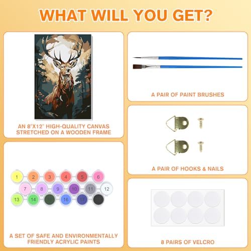 Bowetile Deer Paint by Numbers for Adults Framed, Adults' Paint-by-Number Kits, DIY Adult Paint by Number Kits on Canvas, Animals Acrylic Number Painting for Home Decor, 8x12in