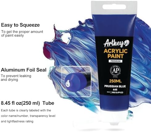 Artkey Acrylic Paint - Prussian Blue (250 ml/8.45 oz) Tubes, Rich & Vibrant Pigments, Professional Artists Acrylic Paints - Art Supplies for Canvas Wood Rock Clay Fabric Ceramics Art Crafts Painting
