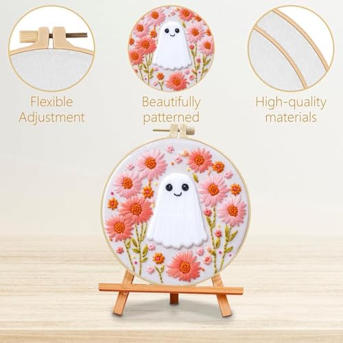 SCECALA 4 Pack Pink Halloween Embroidery Kit for Beginners