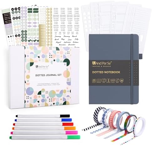 &And Per Se Dotted Journal Kit, A5 Hardcover Dot Grid Journal Notebook Set for Beginners with Journaling Supplies Stencils, Stickers, Washi Tapes & Colored Pens Accessories (Dark Blue)