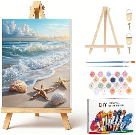 Amaieuin Beach Paint by Numbers with Frame Easel,Paint by Number Adult,Beach Adult Paint by Numbers for Home Wall Art Decor 12x8in