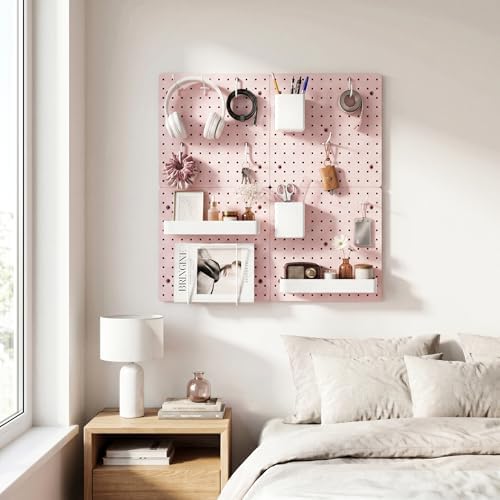 FZK Modular Plastic Pegboard Wall Organizer Kit, Pink, 12x12, 4 Panels