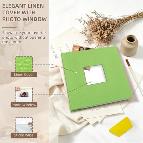 Popotop Photo Album Self Adhesive with Picture Display Window,40 Pages DIY Scrapbooking Supplies Kit for 4x6 8x10 Picture,Linen Cover Memory Book for Baby Wedding, with Scraper and Metallic Pen