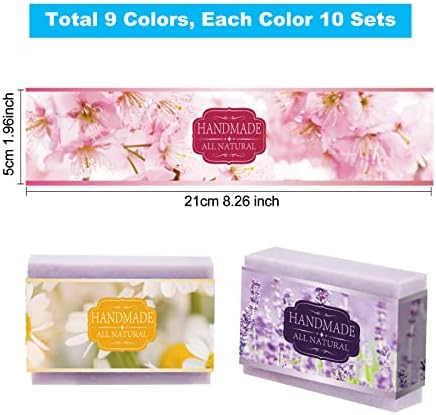 PH PandaHall 90pcs Handmade Wrap Label Tape, 9 Styles Lavender Blossom Daisy Honeysuckle Hydrangea Flower Soap Paper Wrapper Label Tags Sleeves Covers Band for Soap Lotion Bars Bath Gift Wrapping
