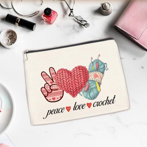 Peace Love Crochet Makeup Bag -Knitting Gift for Women Knitters Lovers,Lightweight Cosmetic Pouch