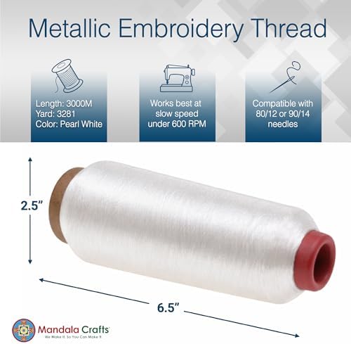 Mandala Crafts Metallic Pearl White Embroidery Floss for Sewing, 3281 Yard Spool