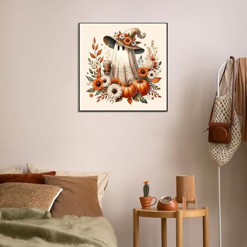 RYMILIE Halloween Diamond Art Kits for Adults Fall Pumpkins 12x12inch | 5D Coffee Ghost Diamond Painting Kit for Beginners, DIY Full Round Drill Gem Art Crafts for Home Wall Decor Gift