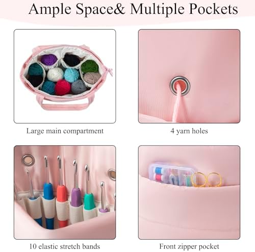 Crochet Bag for Yarn Storage, Puffer Knitting Bag with Soft Handles, Lightweight Yarn Storage Organizer with Zipper for Crochet Accessories, Gifts for Crocheters (Pink)
