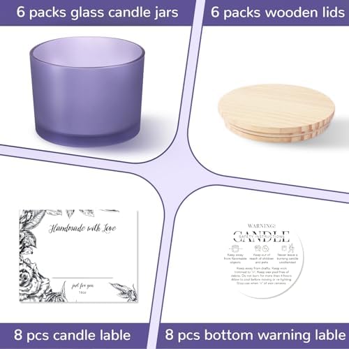 6 Pack Glass Candle Jars with Lids (16oz, Frosted Purple) - Large Candle Jars for 3 Wick Candles Making - Empty Candle Jars Containers - Candle Making Accessories include 16Pcs Candle Labels