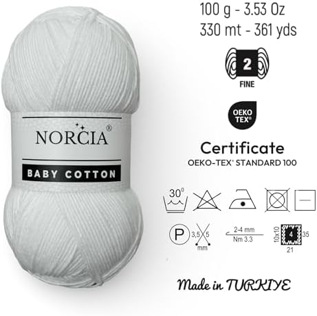 Baby Cotton, 55% Cotton 45% Acrylic Yarn, Fine/Sport (2) for Crochet and Knitting, Soft Amigurumi Yarn, 100 gr (361 yds)