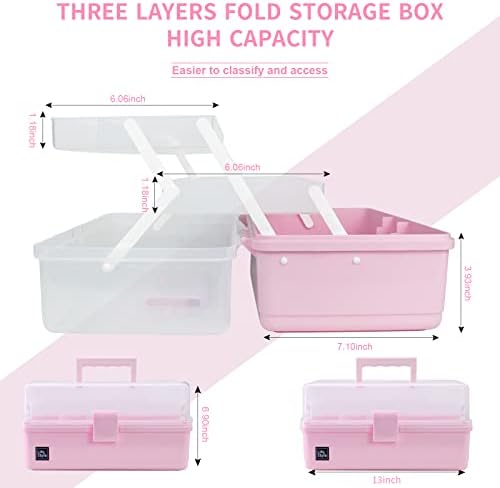 Creahaus 13 inch Art Craft Organizer Storage Box with 3 Layer, Multipurpose Plastic Tool Box with Handle for Sewing, Art Supply, Medicine, Nail, Hair Accessories (Pink)