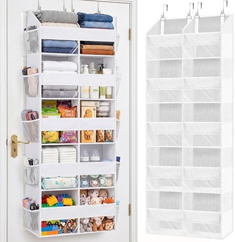 Over The Door Organizer 5 Tiers, Extra Large Behind Door Storage of 10 Compartments, 80 lbs Weight Capacity Hanging Storage Organizer with Clear Window Kids Toys, Shoes,Diapers, Room Storage, White