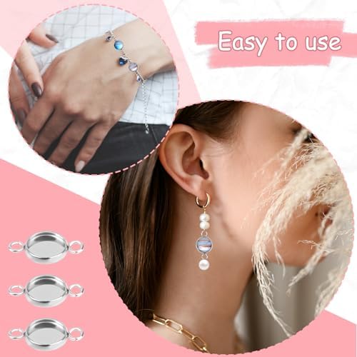 Mozeat Lens 50pcs Stainless Steel Round Blank Bezel Pendant Bezel Tray Connectors Base Cabochon Settings Trays Pendant Blanks Links with Double Loops Bracelet Making Tray for Jewelry Making DIY Craft