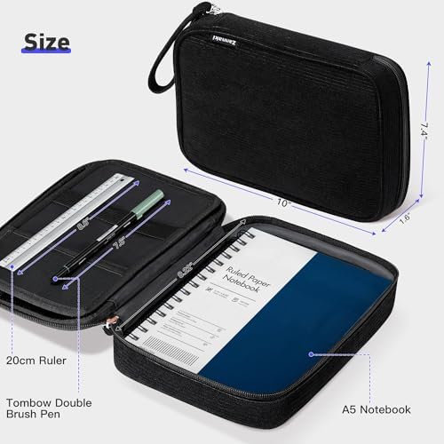Zannaki Large Capacity Pencil Pouch Organizer | Soft Corduroy Pencil Box for Girls Boys Teens | Cute Big Pen Bag with Multiple Zipper Pockets - Pencil Case Storage for Art Supplies & Stationery-Black