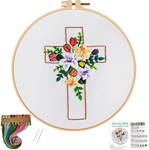 Louise Maelys Cross Lily Pattern Embroidery Starter Kit, Cross Stitch Kits for Adults with Embroidery Hoop Needles Threads Instruction -Easter Jesus