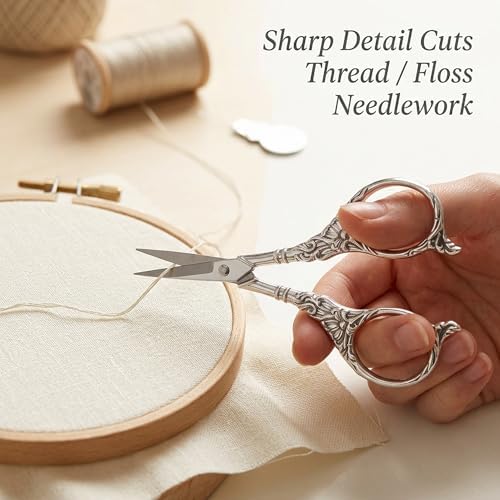 BIHRTC Vintage European Style Scissors Stainless Steel for Cross Stitch Cutting Embroidery Sewing Handcraft Craft Art Work DIY Tool(Silver)