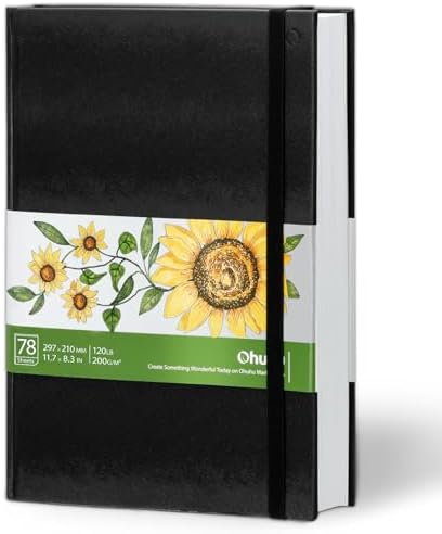 Ohuhu 8.3"x11.7" Marker Paper Pad Art Sketchbook for Drawing and Sketching | Large Sketch Book - 120 LB/200 GSM Smooth Drawing Paper - 78 Sheets/156 Pages - PU Hardcover Sketch Pad for Alcohol Markers