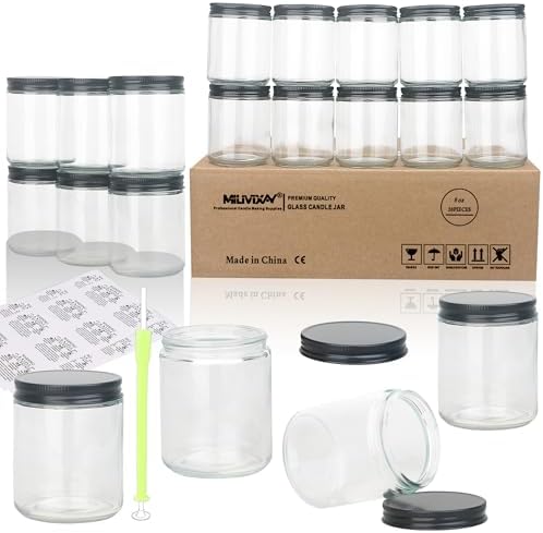 MILIVIXAY 20 Pack 8 OZ Thick Glass Clear Candle Jars with All Black Metal Lids-Bulk Empty Candle Jars for Making Candles-Canning Jar for Spice, Liquid, Sample- Dishwasher Safe.