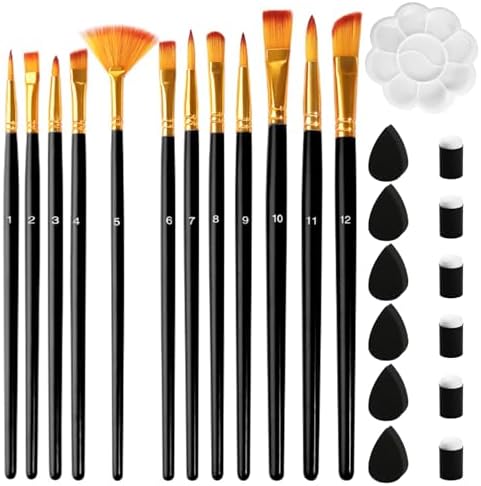 Premium Paint Brushes Set 12 Pcs with Sponges, Anti-Shedding Artist Paintbrush for Acrylic Oil Watercolor, Precision Miniature Detailing Face Paint and Rock Painting for Kids Adults — LuxDuo (Black)