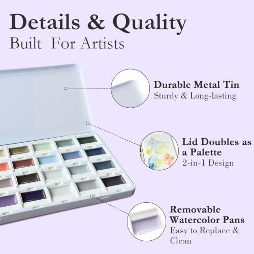 ABEIER Watercolor Paint Set, 24 Colors Opaque Semi-Solid, Muted Gray