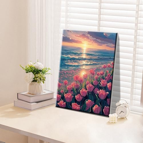 ATDMS Paint by Numbers Kit for Adults with Easel DIY Tulips Adult Paint by Number Kits on Canvas Framed Oil Painting Kits for Wall Hanging Home Room Decor 7.87x11.81 Inch