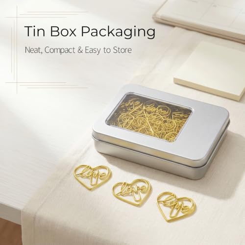 Cute Gold Love Heart Paper Clips 100 Pcs, Planner Bookmark Clips