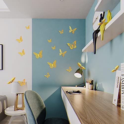SAOROPEB 3D Butterfly Wall Decor 48 Pcs Gold Butterfly Birthday Decorations | 4 Styles 3 Sizes, for Butterfly Birthday Decorations Butterfly Party Decorations Cake Decorations, Removable Stickers