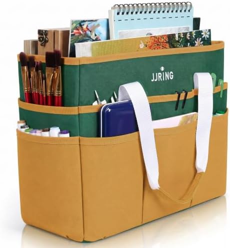 JJRING Craft Organizer Tote Bag Large Art Storage Caddy Deep Green&Yellow | With Multiple Pockets For Sewing, Scrapbooking, School, Medical, And Office Supplies
