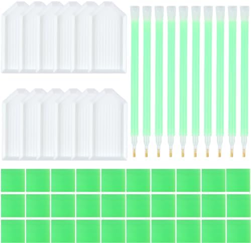 52PCS 5D Diamond Art Painting Tools and Accessories Kits,with 12 Plastic Diamond Art Painting Trays,30pcs Glue Clay,10 Diamond Art Painting pens,Diamond Art Painting DIY Accessories Green and White