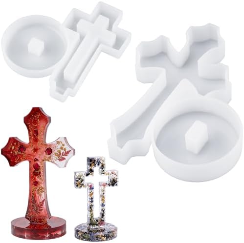 Cross Resin Mold Set with Base, 2PCS Silicone Standing Cross Molds, Hollow Cross Mold and Scalloped Cross Mold for Epoxy Resin, Plaster, Soap, Wax, DIY Religious Craft Decorations