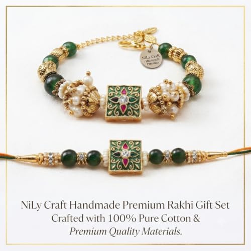 Handmade Premium Couple Rakhi Gift Set | Green Traditional Charm with Unique Design Rakhi Combo | Includes Roli Kumkum & Chawal | Traditional Raksha Bandhan Gift for Bhaiya Bhabhi, Brother & Sister