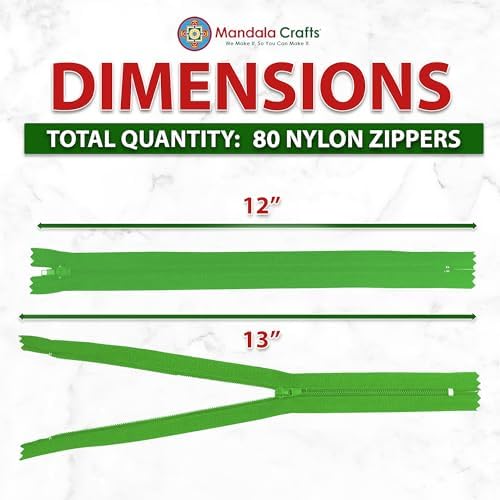 Mandala Crafts 80 PCs Green Closed-End 12 Inches Nylon Zippers for Sewing
