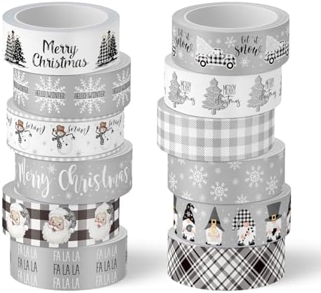 Whaline 12 Rolls Christmas Washi Tape Grey Farmhouse Washi Tape Assorted Xmas Masking Decorative Party Gift Paper Tape for DIY Craft Scrapbook Decor Party Favor Supplies