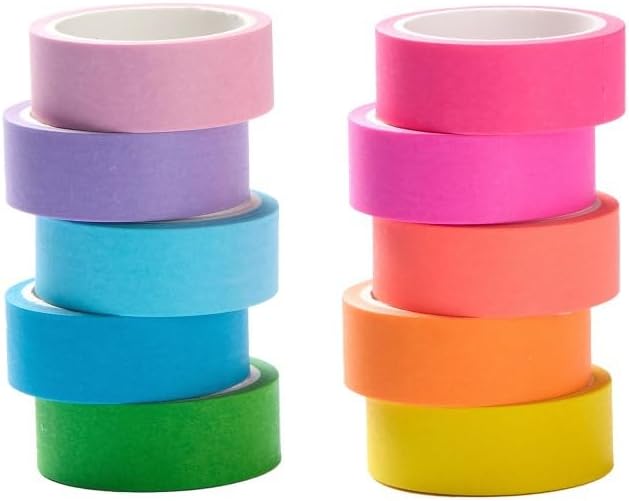 Washi Tape Set, Rainbow Colorful Masking Tape, Decorative Scrapbook Tape, 15mm Wide, 10 Rolls (Brilliant)