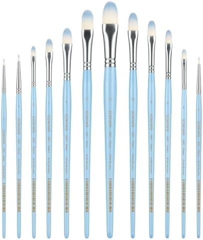 12 Pcs Filbert Professional Artist Watercolor Paint Brush Set, Blue