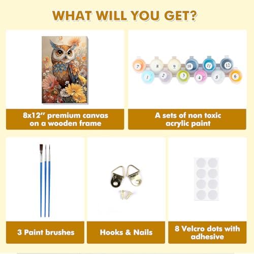 Bowetile Paint by Numbers Owl Kit for Adults, Framed Painting by Numbers Animal, Adults' Paint-by-Number Kits on Canvas, Acrylic Flower Number Painting Gifts for Home Wall Decor, 8x12in