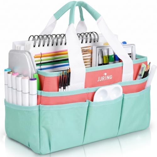 JJRING Craft Organizer Tote Bag Art Storage Caddy Green and Orange | With Multiple Pockets For Sewing, Scrapbooking, School, Medical, And Office Supplies