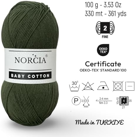 Baby Cotton, 55% Cotton 45% Acrylic Yarn, Fine/Sport (2) for Crochet and Knitting, Soft Amigurumi Yarn, 100 gr (361 yds)