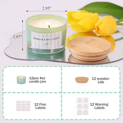 12 Pcs 4 oz Green Glass Candle Jars with Lids& Labels for Candle Making