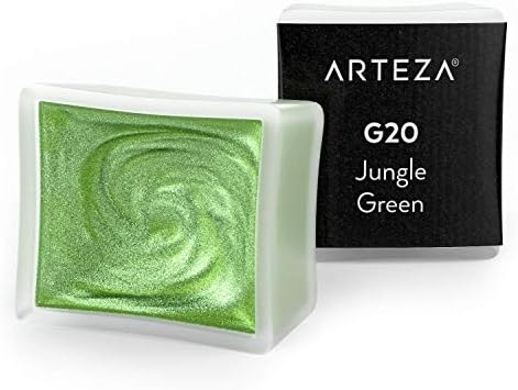 Arteza Metallic Watercolor Paint, Jungle Green A723, Set of 2 Half Pans, Pearl Paint, Vibrant and Pearlescent Hues, For Illustrations, Calligraphy, Painting