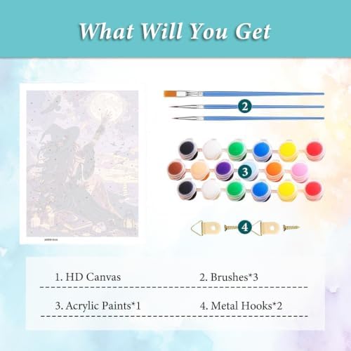 MXCFZX Halloween Paint by Number DIY Painting On Canvas, The Witch Paintwork with Paintbrushes Acrylic Paints,Perfect for Paint by Numbers for Adults Students Beginner, for Home Wall Decor 16x20 in