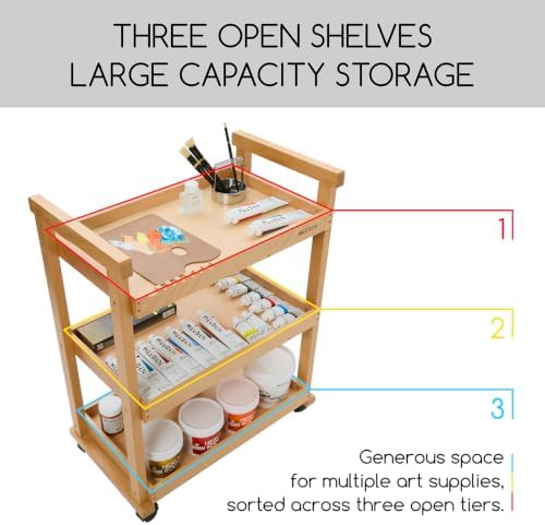 MEEDEN Rolling Art Supply Cart: Solid Beech Wood 3-Tier Storage Trolley